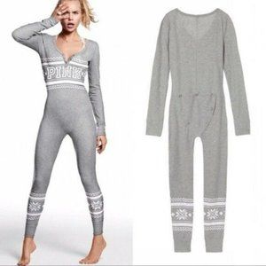 PINK  Victorias Secret Thermal One Piece Gray White Pajamas Bodysuit Long Jane